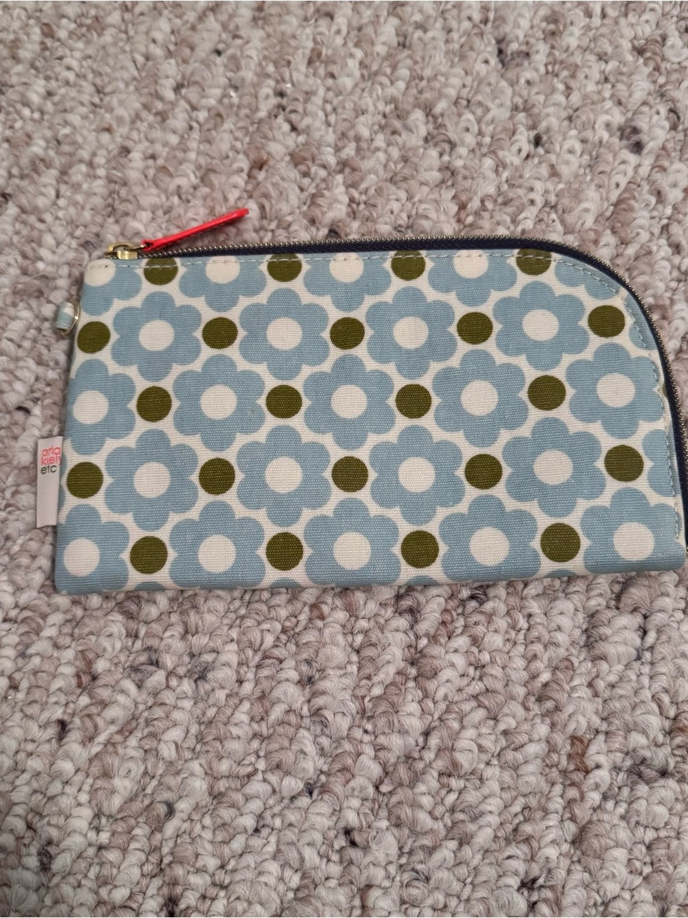 Orla Kiely Blue Floral Cosmetic Pouch with Olive Dots and Coral Zipper